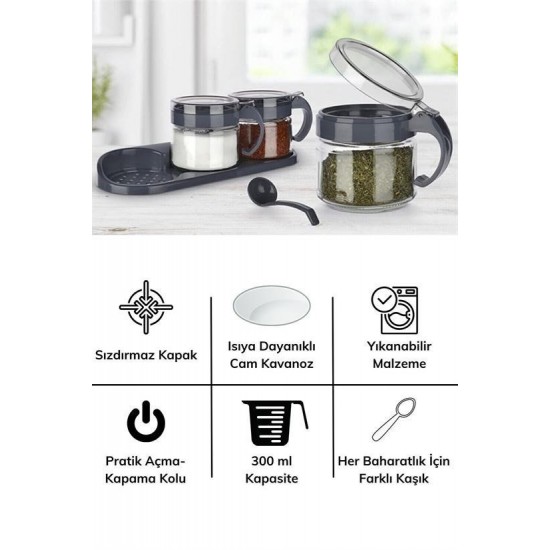 Robinanka® Gri 3lü Standlı Kapaklı Kaşıklı Cam Hava Sızdırmaz Baharatlık Takımı KC-386 Robinanka® Gri 3lü Standlı Kapaklı Kaşıklı Cam Hava Sızdırmaz Baharatlık Takımı KC-386