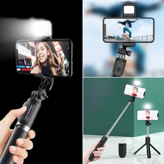 Robinanka® Kendiliğinden Işıklı Masaüstü Tripod Olabilen Telefon Tutuculu Kablosuz Kumandalı Selfie Çubuğu Robinanka® Kendiliğinden Işıklı Masaüstü Tripod Olabilen Telefon Tutuculu Kablosuz Kumandalı Selfie Çubuğu