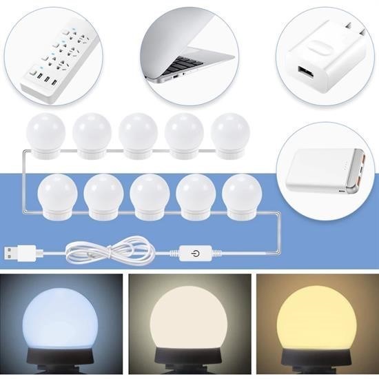 Robinanka Nostalji Hollywood Tarzı 10lu Makyaj Masası Aynası Beyaz Led Işıklı Lamba USB