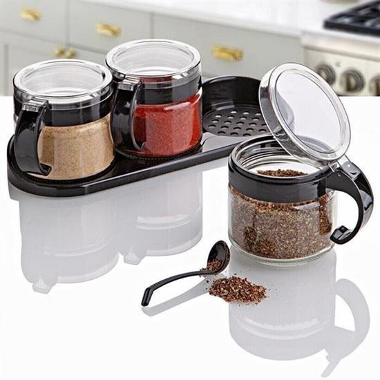 Robinanka® Siyah 3lü Standlı Kapaklı Kaşıklı Cam Hava Sızdırmaz Baharatlık Takımı KC-386 Robinanka® Siyah 3lü Standlı Kapaklı Kaşıklı Cam Hava Sızdırmaz Baharatlık Takımı KC-386