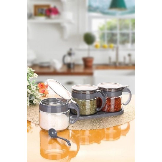 Robinanka® Gri 3lü Standlı Kapaklı Kaşıklı Cam Hava Sızdırmaz Baharatlık Takımı KC-386 Robinanka® Gri 3lü Standlı Kapaklı Kaşıklı Cam Hava Sızdırmaz Baharatlık Takımı KC-386