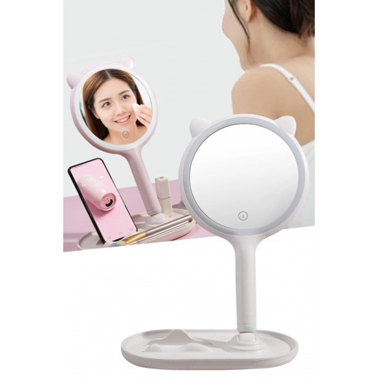 Robinanka® Kedi Kulaklı Telefon Standlı Yuvarlak Dokunmatik Led Ayarlı Masa Üstü Makyaj Aynası Robinanka® Kedi Kulaklı Telefon Standlı Yuvarlak Dokunmatik Led Ayarlı Masa Üstü Makyaj Aynası