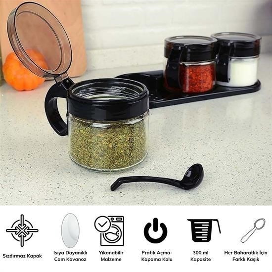 Robinanka® Siyah 3lü Standlı Kapaklı Kaşıklı Cam Hava Sızdırmaz Baharatlık Takımı KC-386 Robinanka® Siyah 3lü Standlı Kapaklı Kaşıklı Cam Hava Sızdırmaz Baharatlık Takımı KC-386