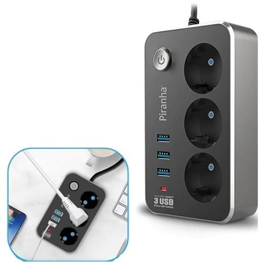 Robinanka® Isıya Dayanıklı Termal Akım Korumalı 2 Mt 10A 2500W 3lü Priz ve 3 Usbi 21A Uzatma Kablosu Robinanka® Isıya Dayanıklı Termal Akım Korumalı 2 Mt 10A 2500W 3lü Priz ve 3 Usbi 21A Uzatma Kablosu