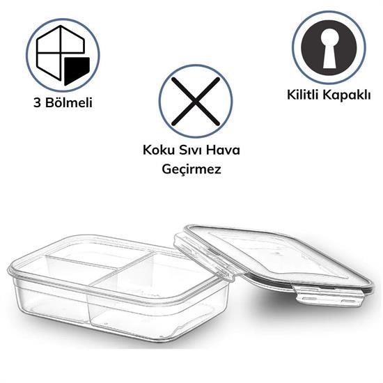 Robinanka® 3 Bölmeli Kilitli Kapaklı 1 Litre Erzak Saklama Kabı LC-510 Robinanka® 3 Bölmeli Kilitli Kapaklı 1 Litre Erzak Saklama Kabı LC-510